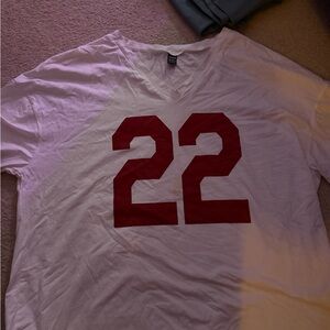 SHEIN White V-Neck Tee with Red Number Print